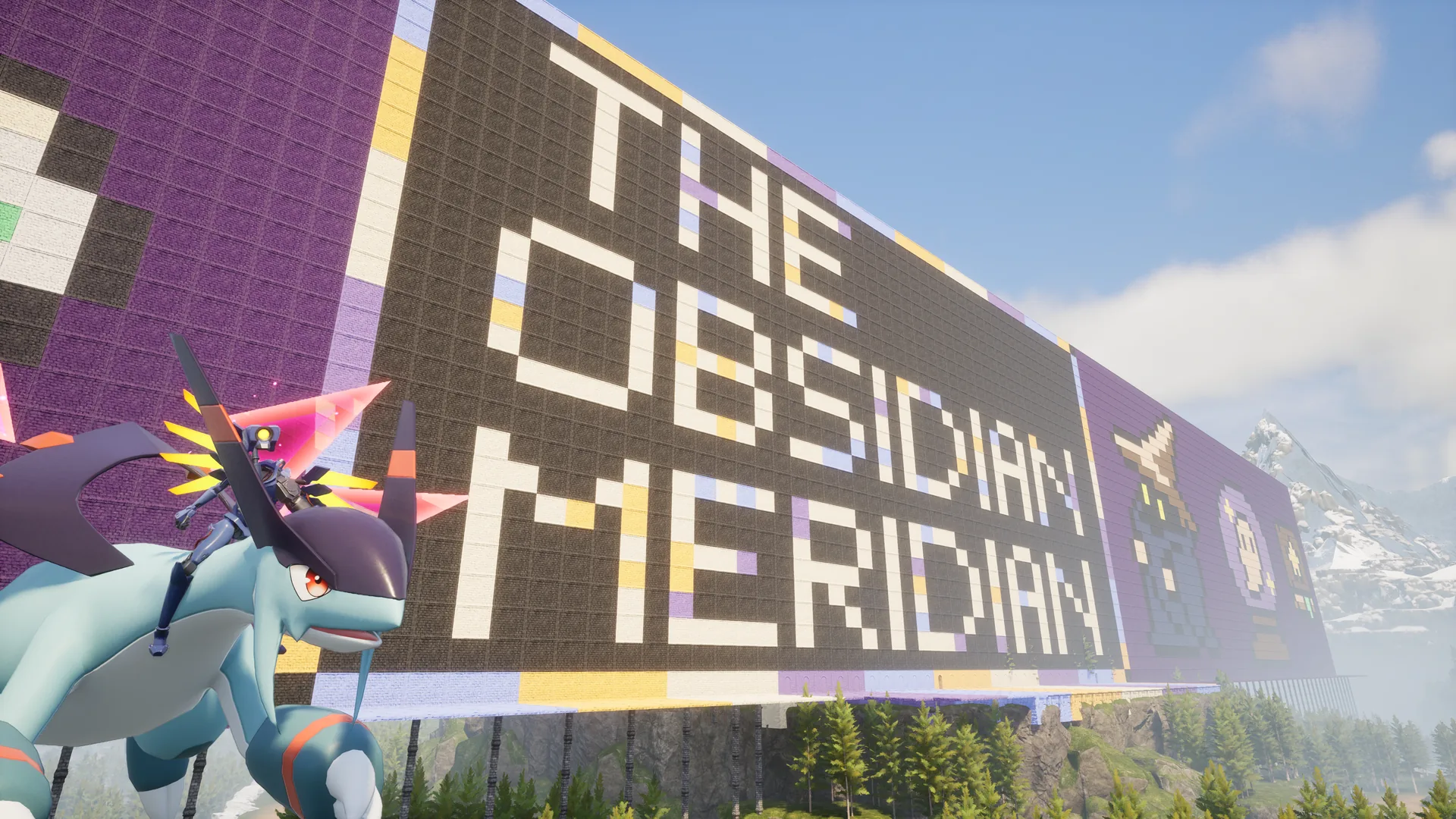 Angled view of The Obsidian Meridian mural in Palworld