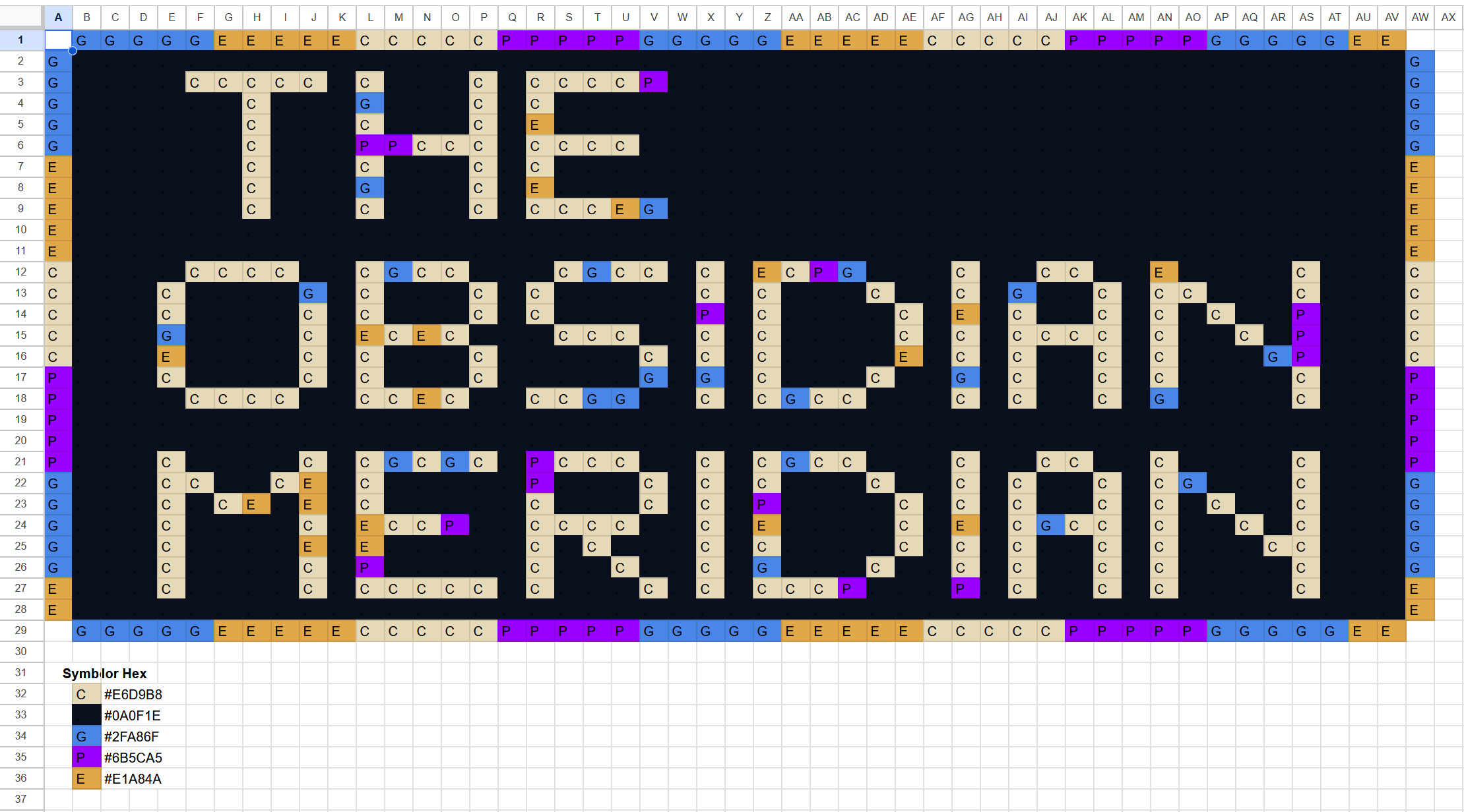 Original spreadsheet blueprint used to build The Obsidian Meridian title panel